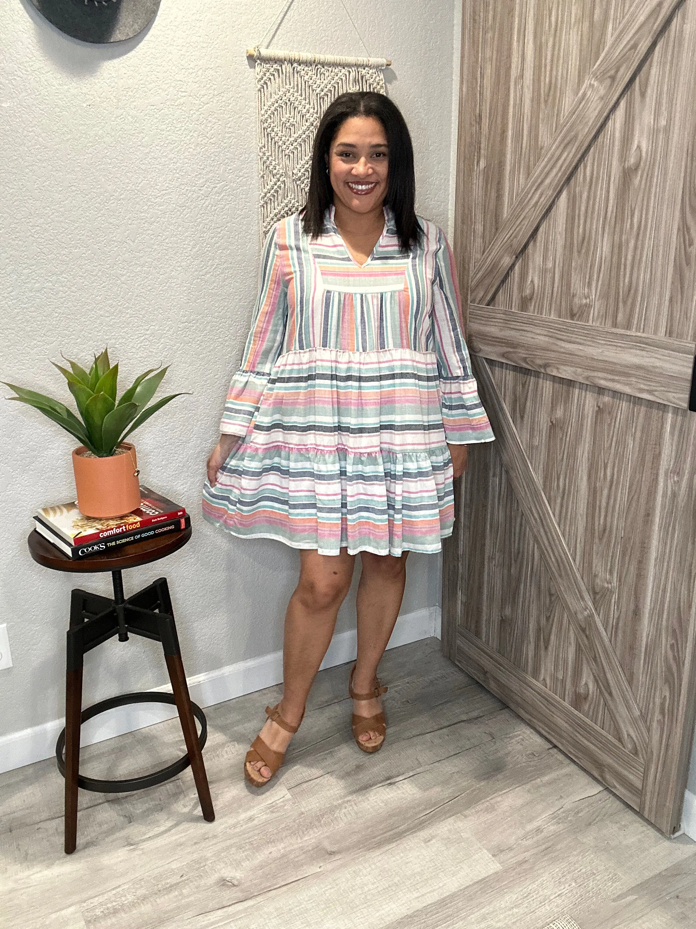 Summer Stripe Bell Sleeve Tiered Dress