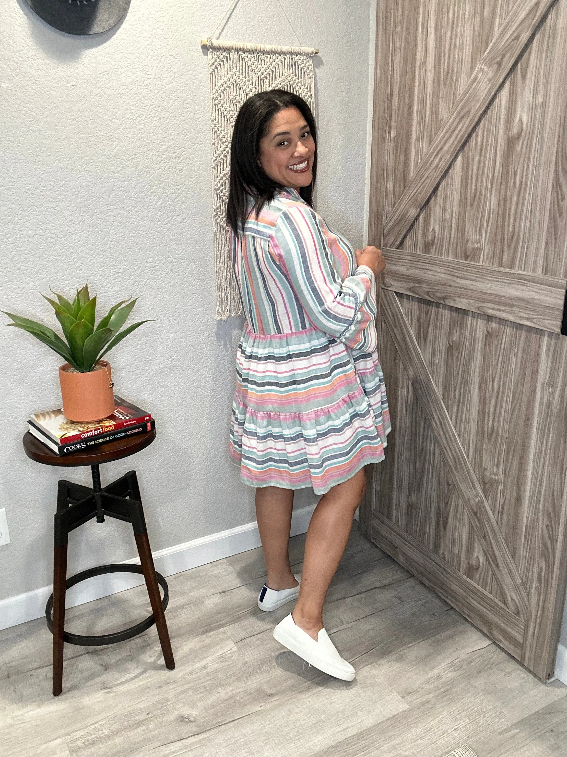 Summer Stripe Bell Sleeve Tiered Dress