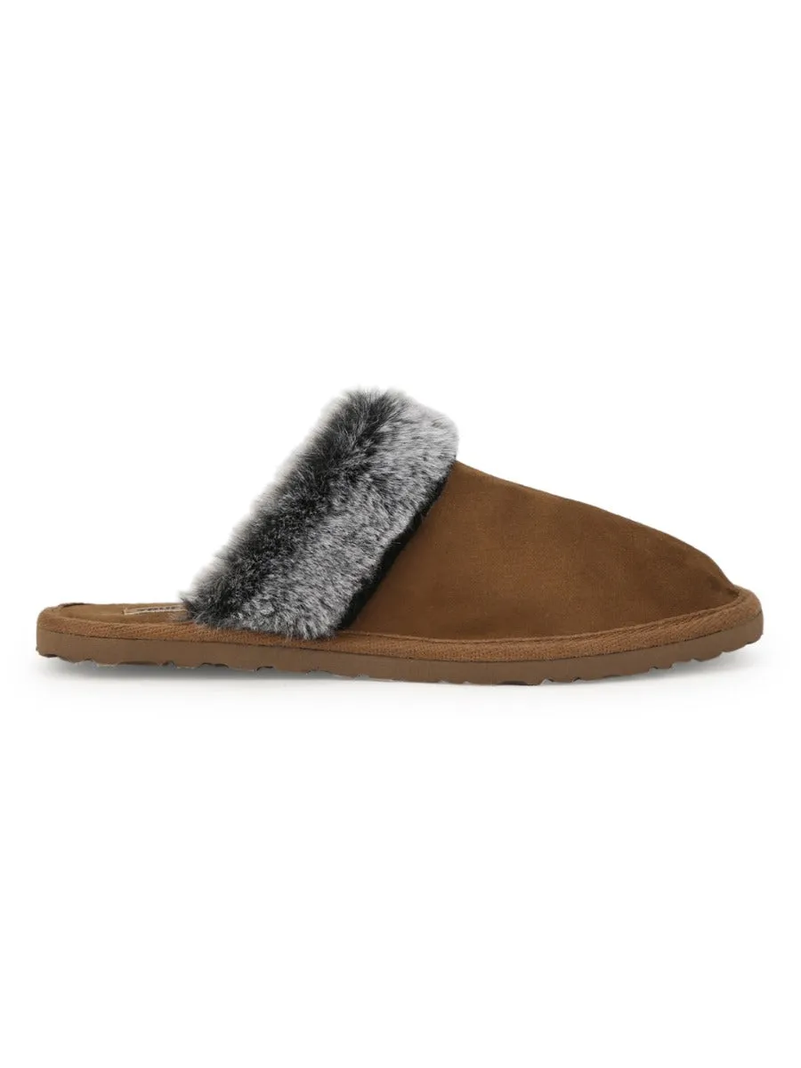 Tan Micro Fuzzy Slippers With Faux Fur