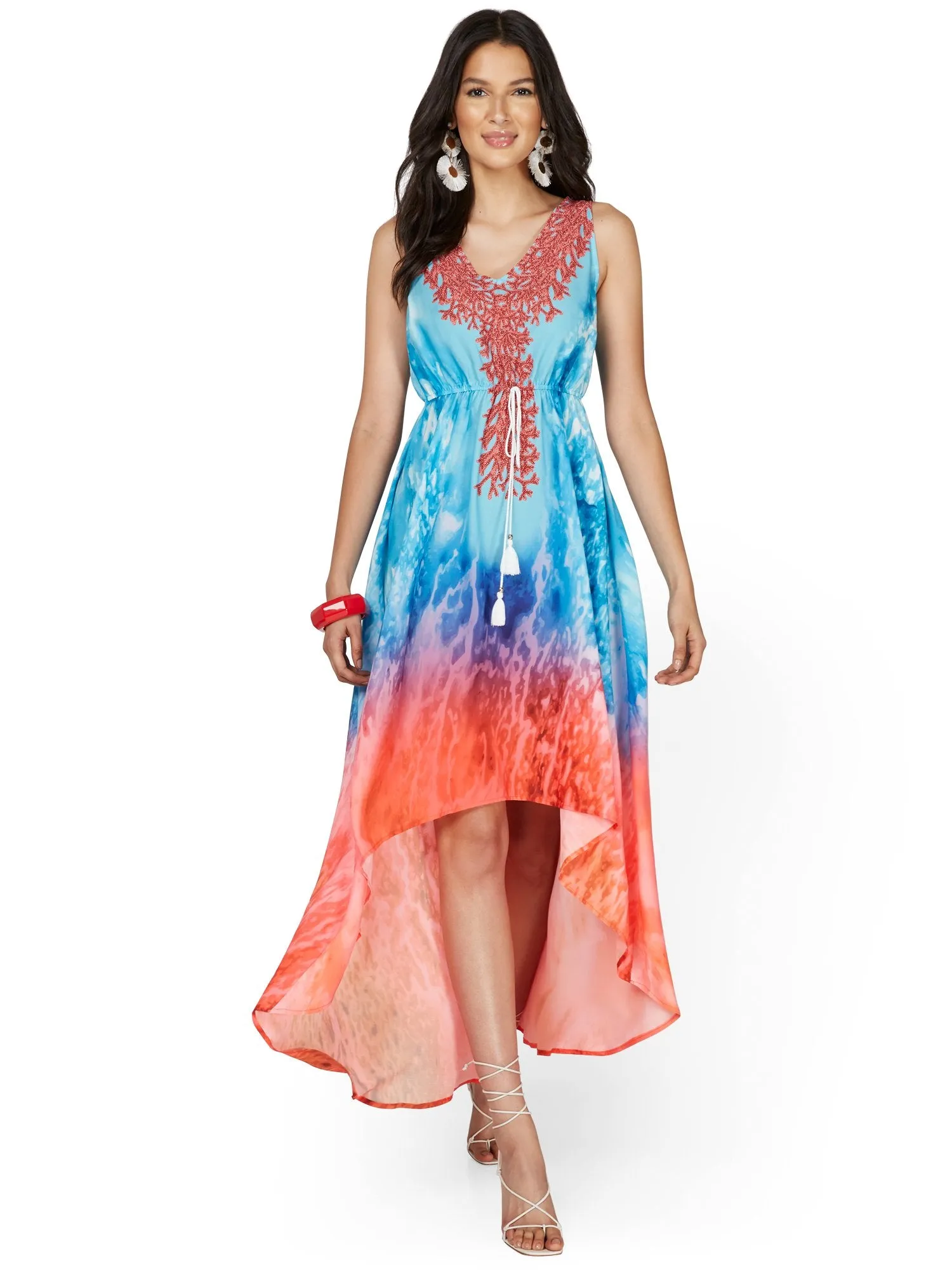 Watercolor-Print High-Low Maxi Dress