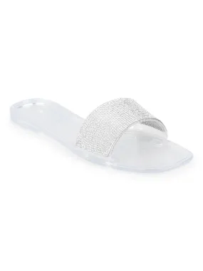 White Clear PVC Diamante Stripe Slip On Flats