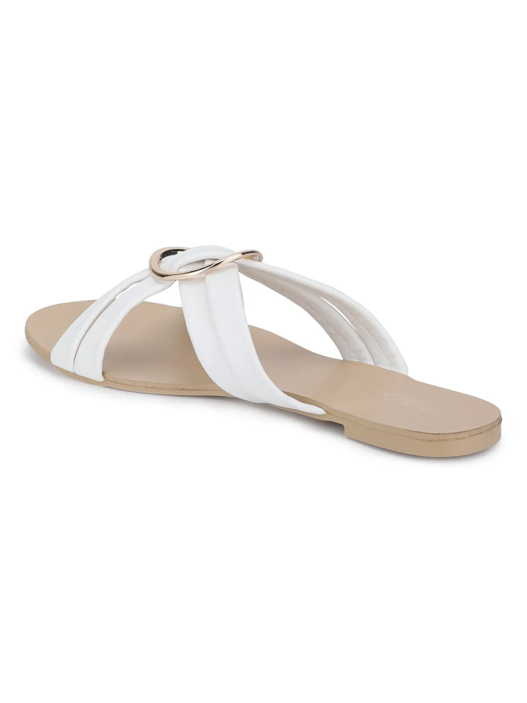 White PU Twisted Strap Buckled Slip-on Flats