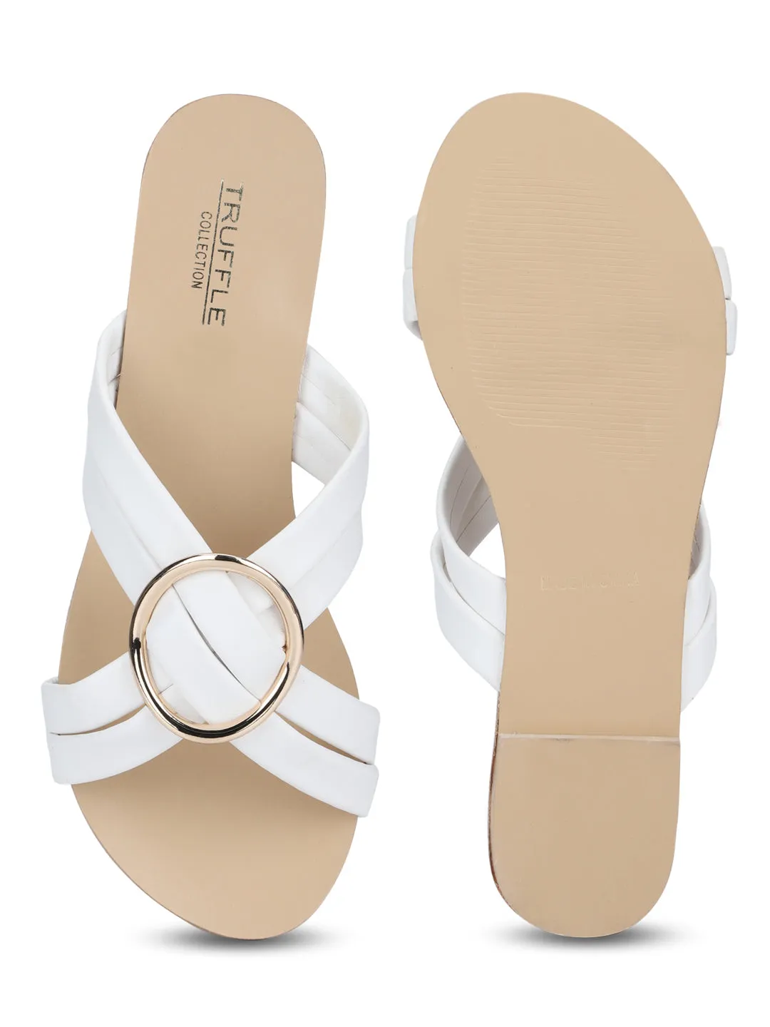 White PU Twisted Strap Buckled Slip-on Flats